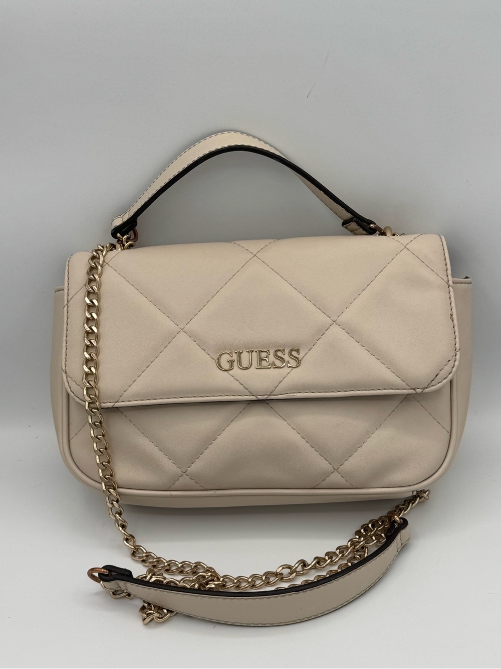 GUESS Quincey Quilted Crossbody/Shoulder Convertible Flap Bag- Beige and Gold